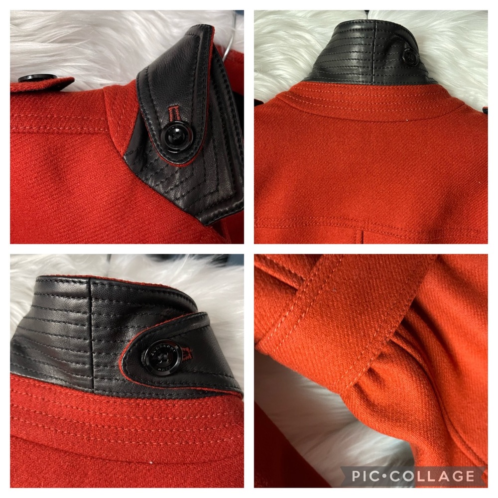 BURBERRY BRIT Red Wool Leather Collar Military Coat US 8 - Picture 10 of 16